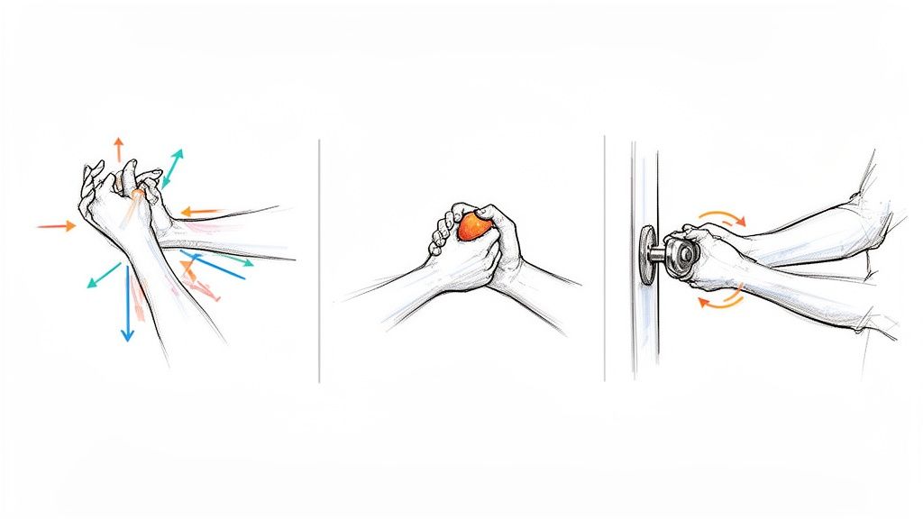 Guía completa del esguince de muñeca síntomas y tratamiento 4 Ilustraciones médicas de manos realizando ejercicios de muñeca: estiramiento, agarre con pelota y rotación de pomo.