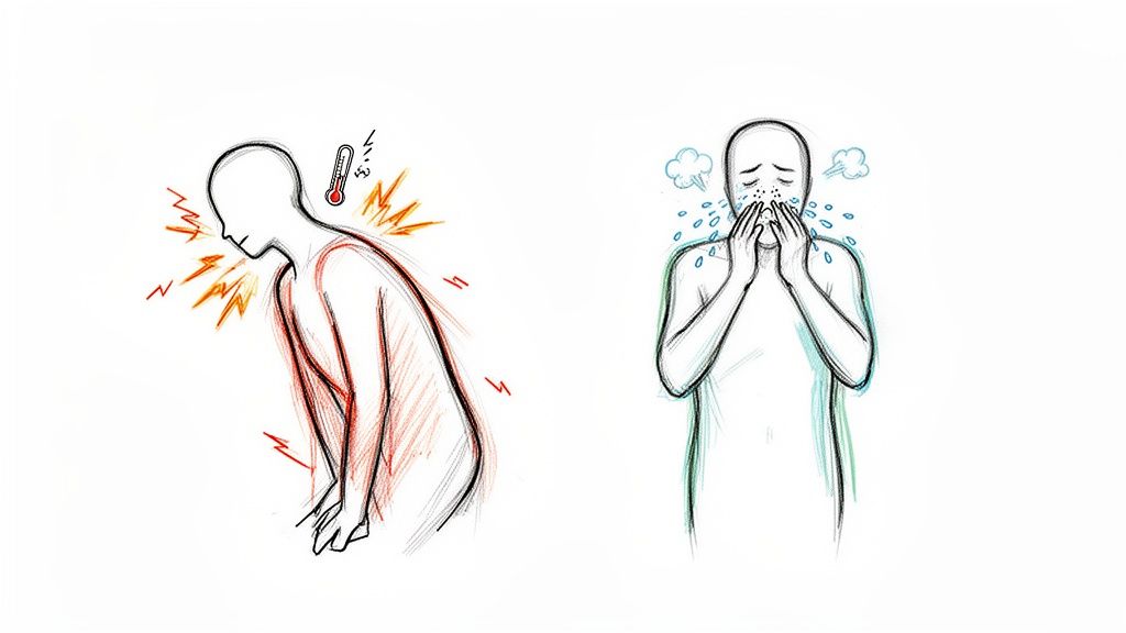 Diferencia entre catarro y gripe: una guía para identificarlos 2 Dibujo de personas mostrando síntomas de enfermedad como fiebre, dolor corporal y estornudos.