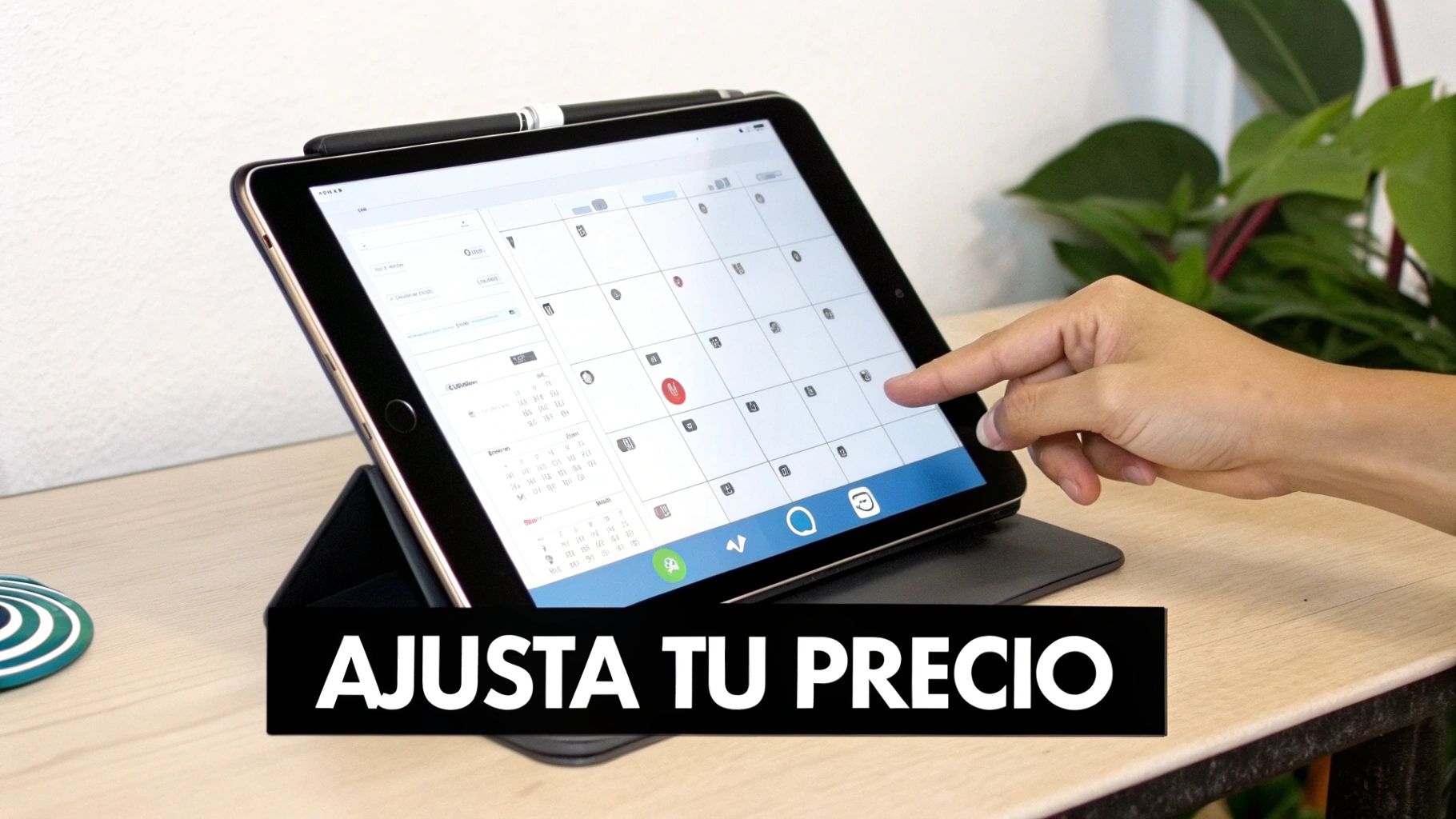Mano ajustando un calendario en una tablet, con texto 'AJUSTA TU PRECIO', sobre un escritorio de madera.