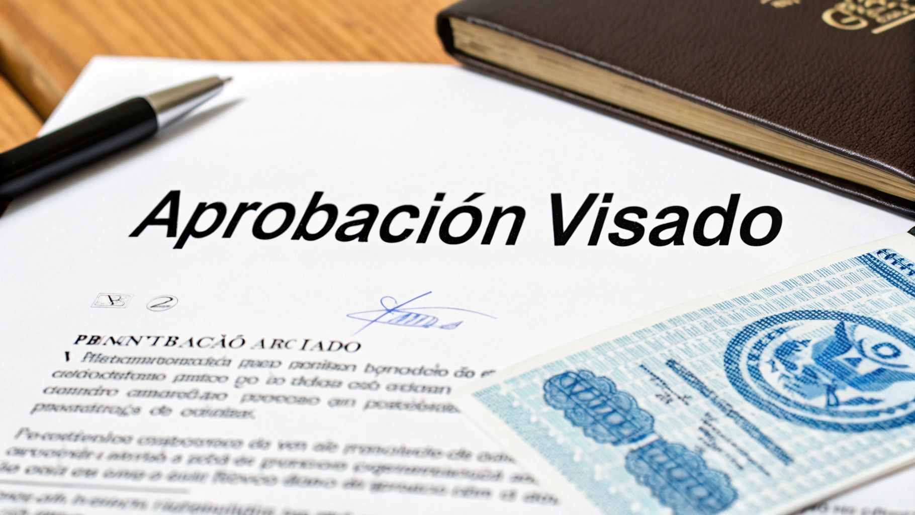 Documento que muestra 'Aprobación Visado' con una pluma, un sello y un pasaporte, simbolizando la aprobación de una visa.