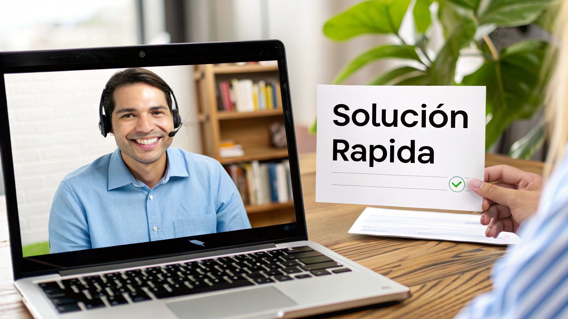 Cliente en videollamada de soporte con un agente sonriente y una tarjeta que indica 'Solución Rápida' con una marca de verificación.