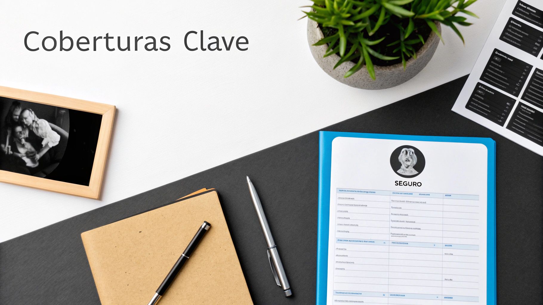 Mesa de trabajo con documentos de seguro, libreta, bolígrafos, planta y el título 'Coberturas Clave'.