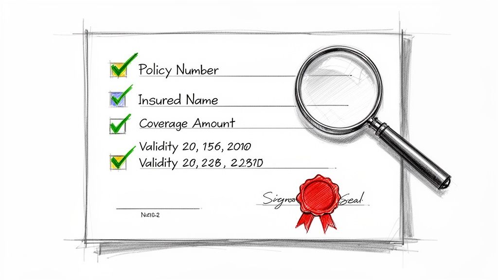 Certificado de seguros de cobertura de fallecimiento: Guía para tu visa española 2 Documento de seguro con checklist de detalles, lupa, firma y sello para inspección y validación.