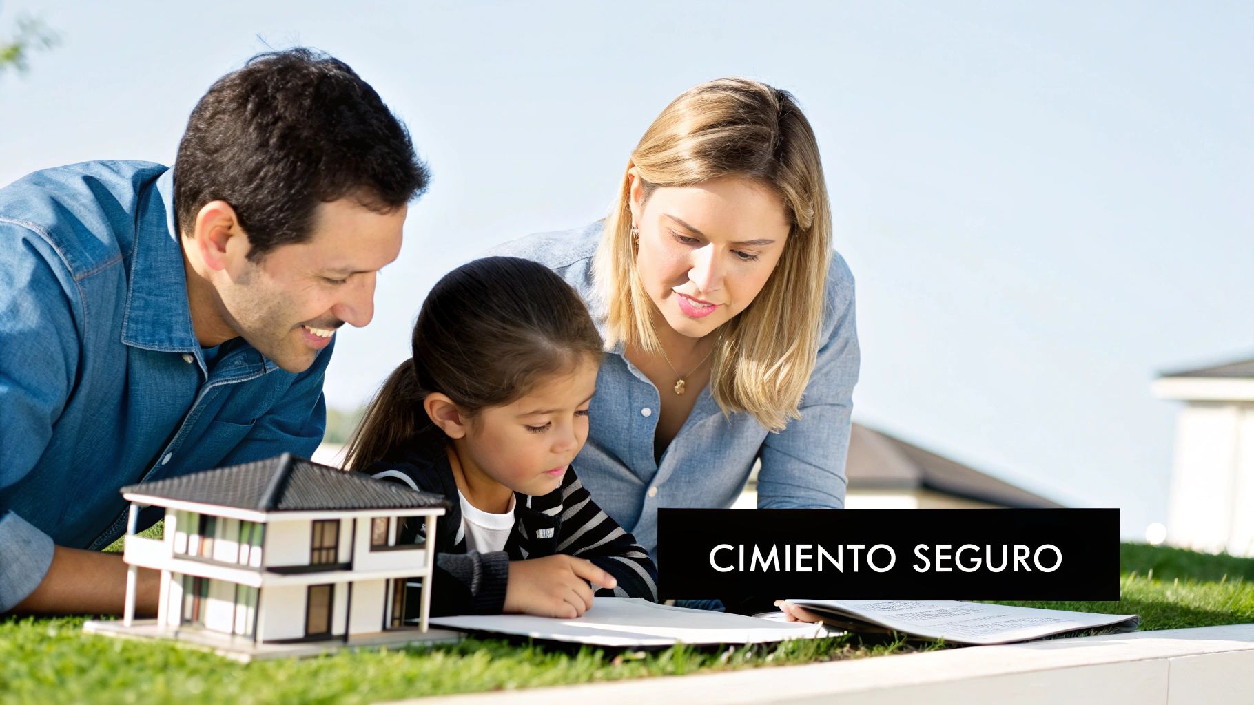 Una familia feliz revisa documentos junto a una casa modelo en el césped, con el texto 'CIMIENTO SEGURO'.