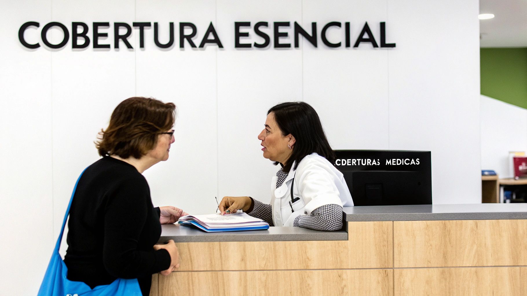 Mujer consultando con profesional médico en recepción, con rótulo 'Cobertura Esencial' visible.