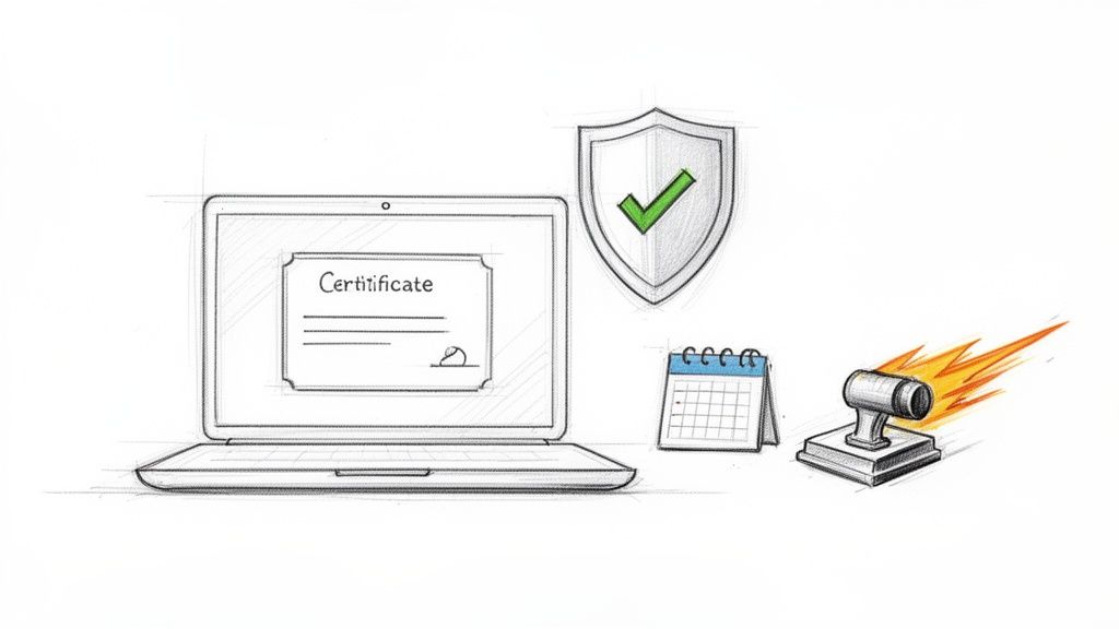 La guía del seguro sin copago para estudiantes y expatriados en España 3 Un dibujo de un portátil mostrando un certificado, un escudo de seguridad, un calendario y un cañón de velocidad.