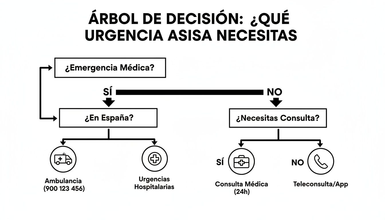 Diagrama de flujo de ASISA para decidir qué tipo de urgencia médica necesitas, con opciones de contacto.