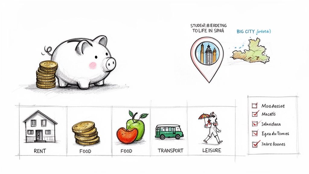 Guía: cómo estudiar en españa siendo extranjero para triunfar 3 Ilustración de ahorro, gastos y presupuesto de estudiante para la vida en una gran ciudad.