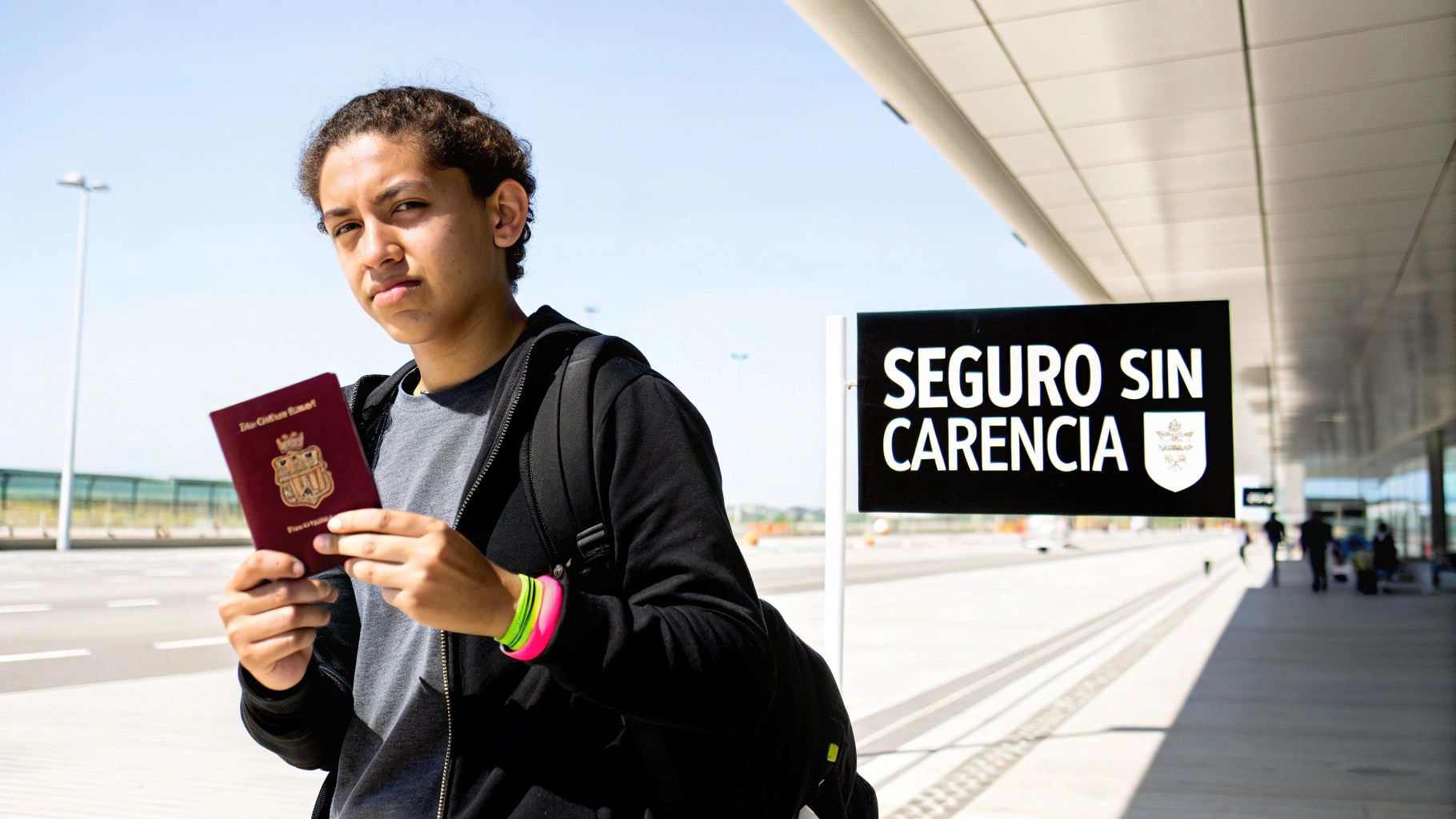 Joven con pasaporte frente a un cartel "SEGURO SIN CARENCIA" en el exterior de un edificio moderno.