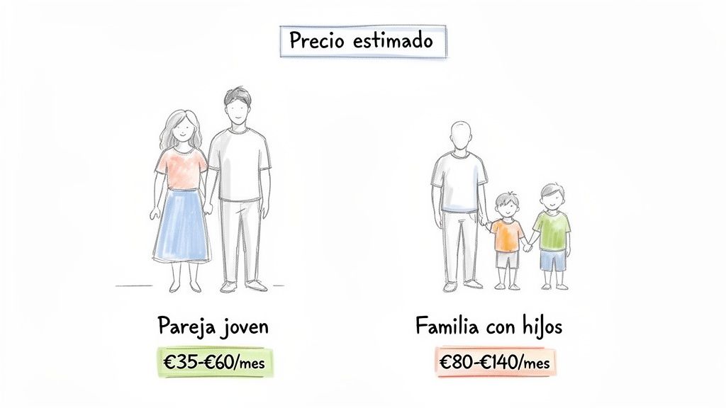 Seguro medico familiar precio: la guía definitiva para familias en España 1 Gráfico comparativo de precios estimados de seguro médico mensual para pareja joven y familia con hijos.