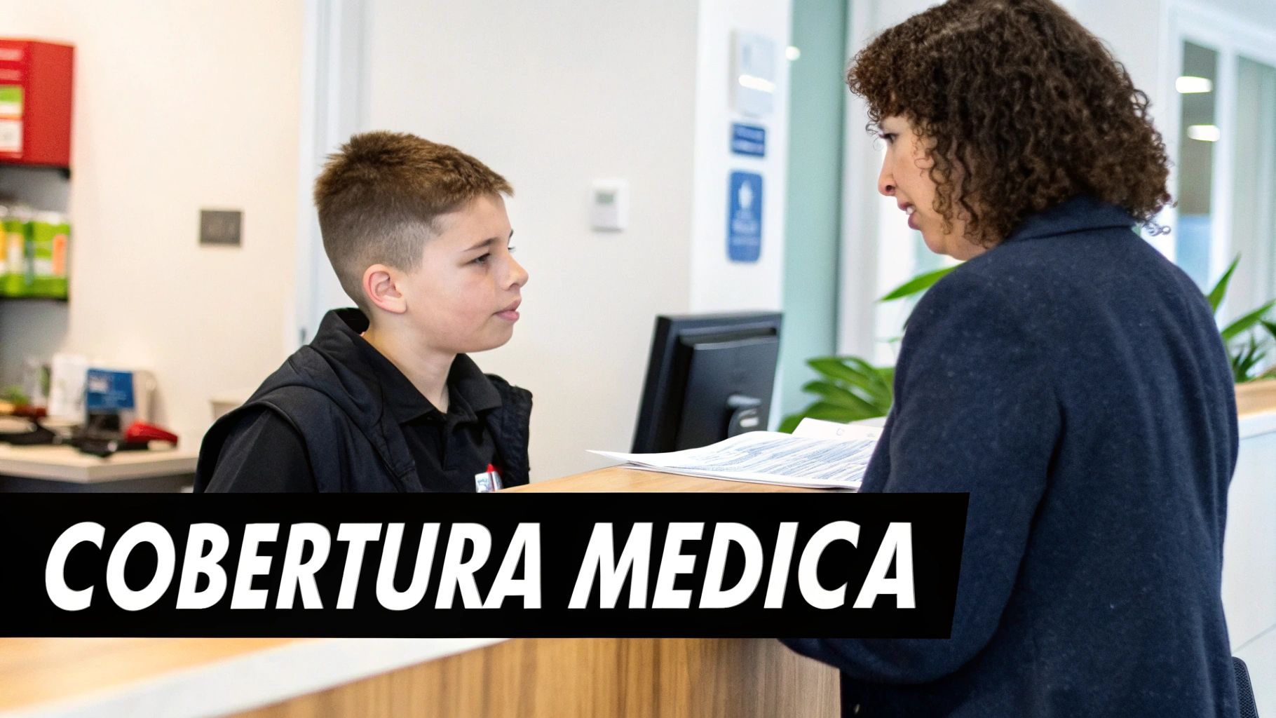 Un niño y una mujer conversan sobre cobertura médica en un entorno de oficina o clínica.