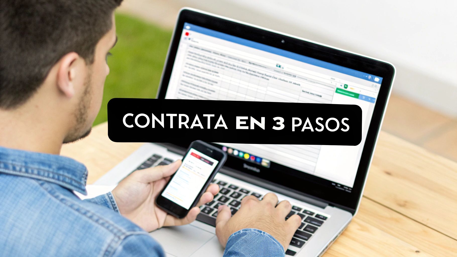 Joven usando laptop y smartphone para un proceso de contratación, con el texto 'CONTRATA EN 3 PASOS'.