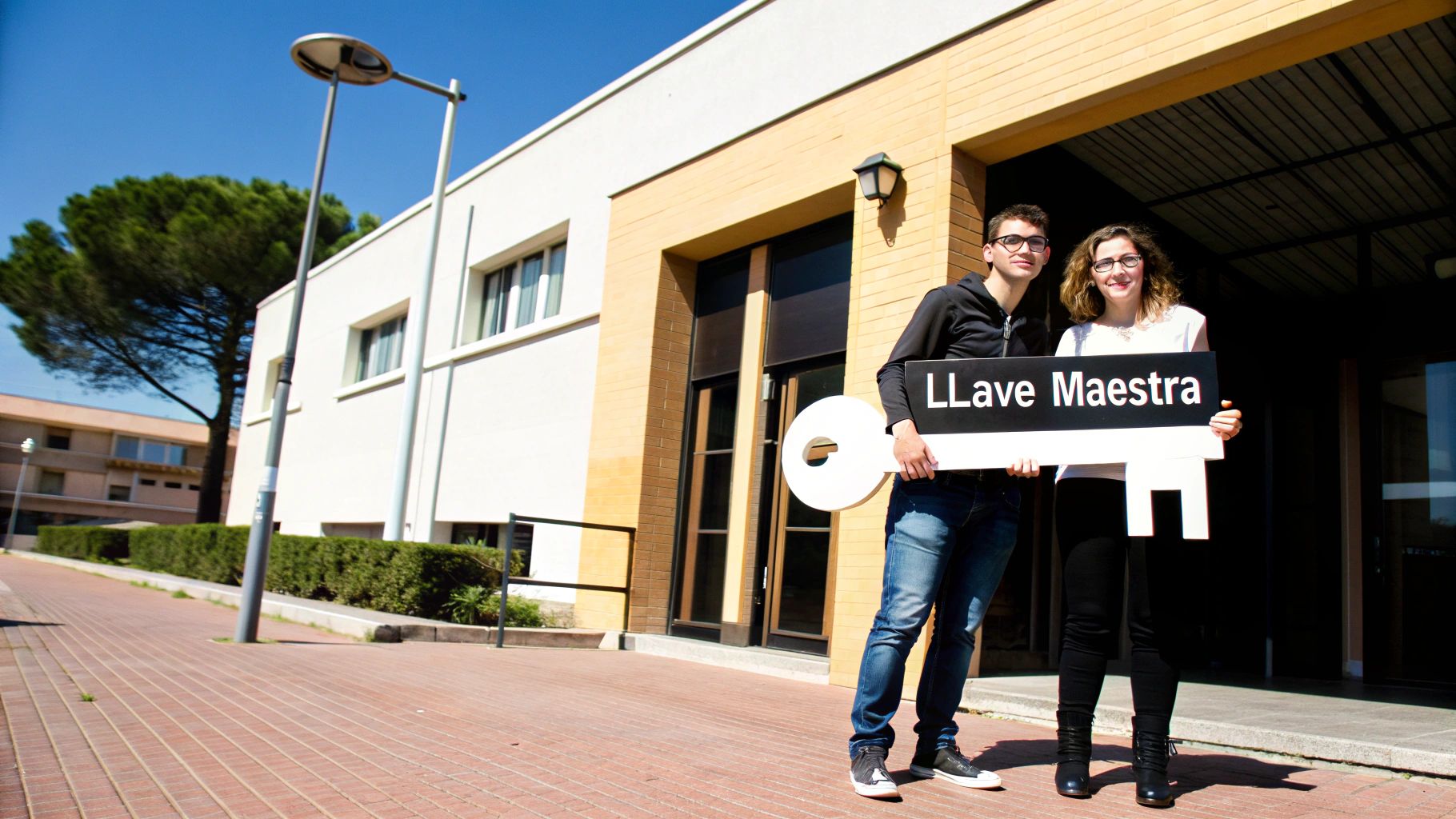 Dos personas sonrientes sostienen una llave gigante y el cartel 'LLave Maestra' frente a un edificio.