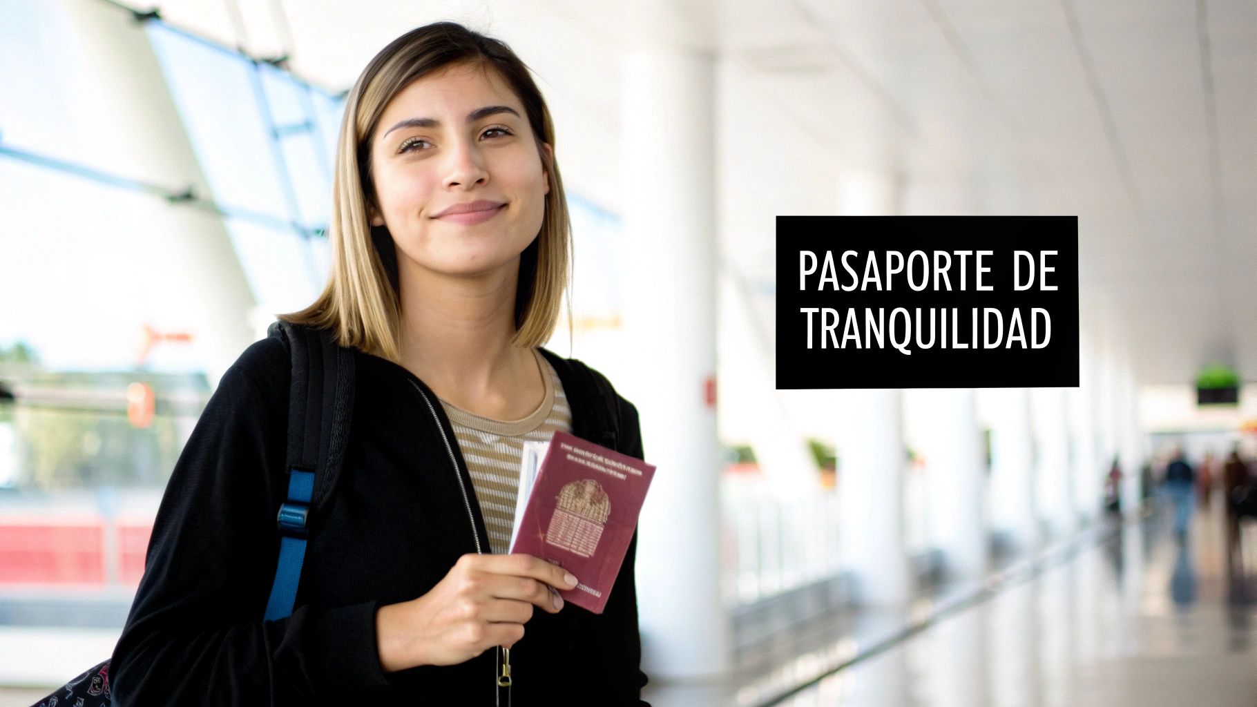 Joven mujer sonriente en un aeropuerto moderno, sosteniendo un pasaporte, con el texto 'Pasaporte de Tranquilidad'.