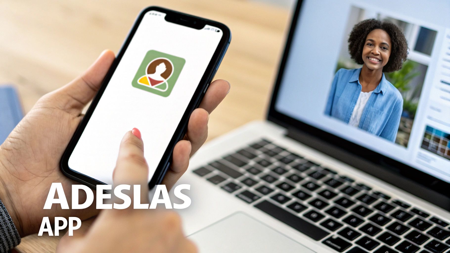 Una persona usa un smartphone mostrando el icono de la aplicación de Adeslas, con un portátil en segundo plano.