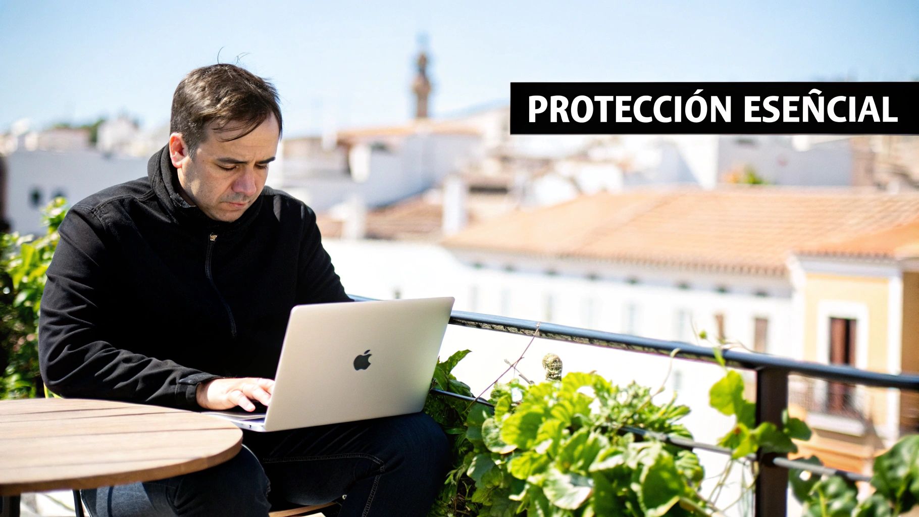 Un hombre concentrado trabajando en su laptop al aire libre, con edificios y cielo azul de fondo.