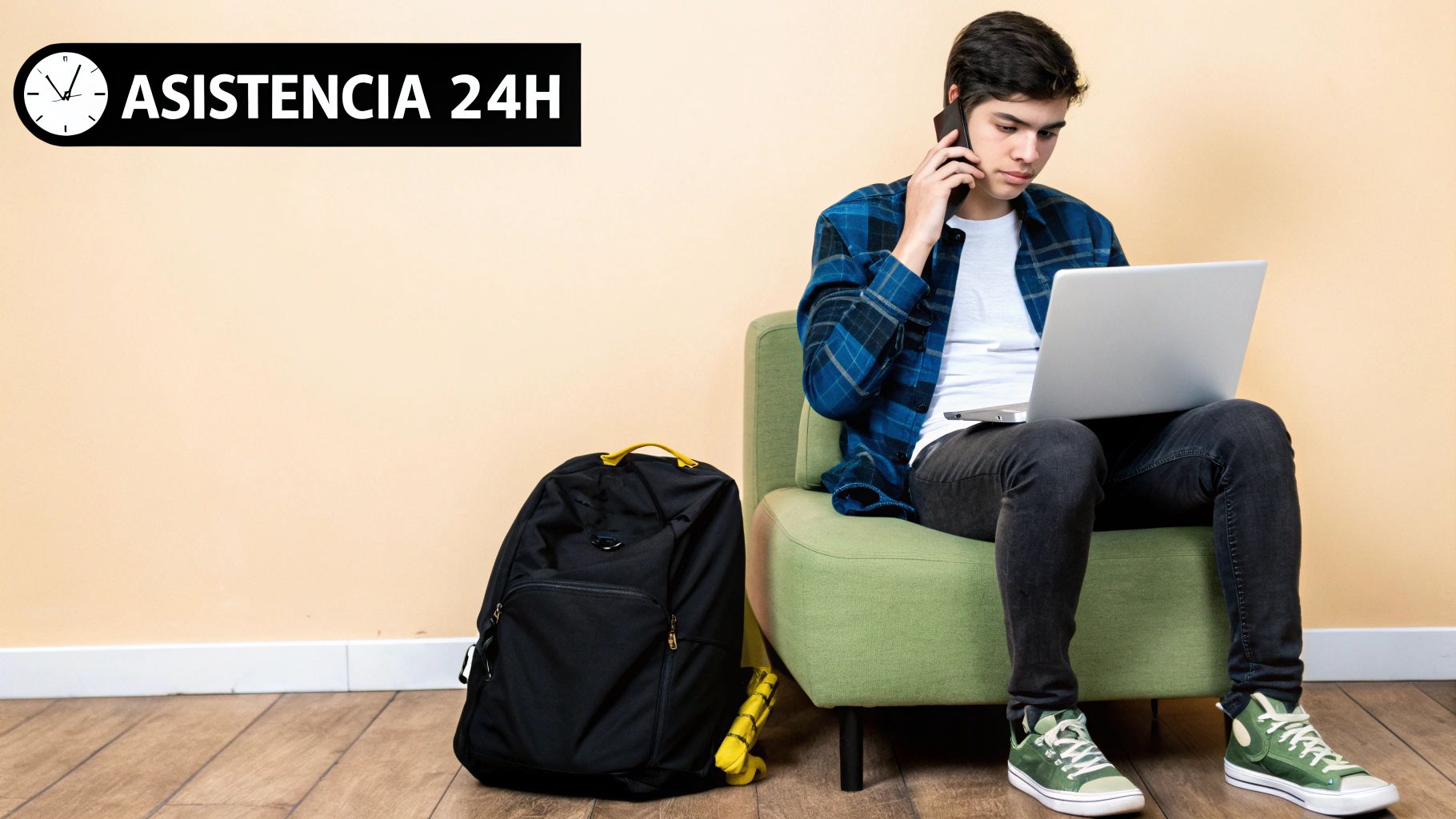 Joven sentado en un sillón verde, usando laptop y hablando por teléfono. Una mochila negra a su lado. Banner: "ASISTENCIA 24H".