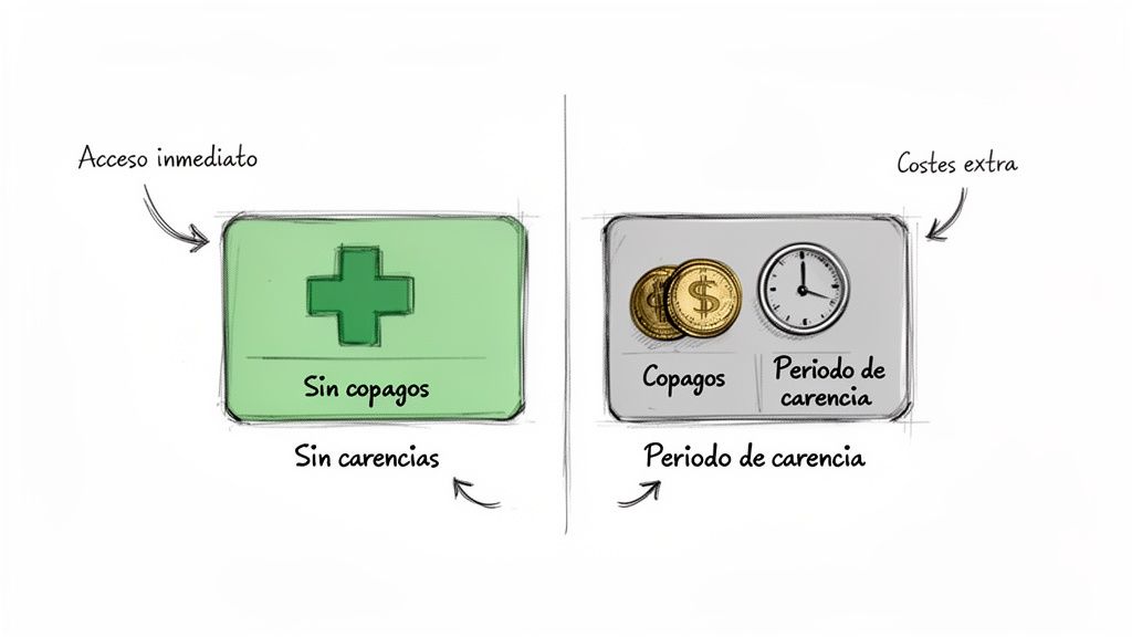 Seguros de salud sin copagos y sin carencias para visados en España 1 Ilustración comparando seguros de salud con acceso inmediato, sin copagos ni carencias, y seguros con costes extra, copagos y periodos de carencia.
