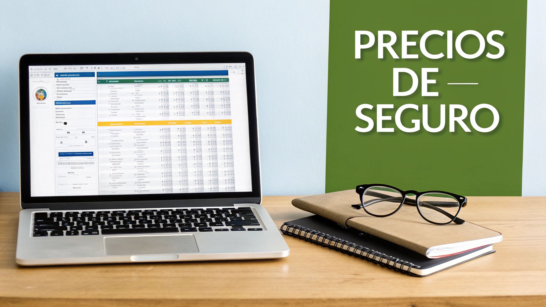 Laptop con pantalla mostrando datos de seguro, cuadernos y gafas en un escritorio de madera con el texto 'Precios de Seguro'.