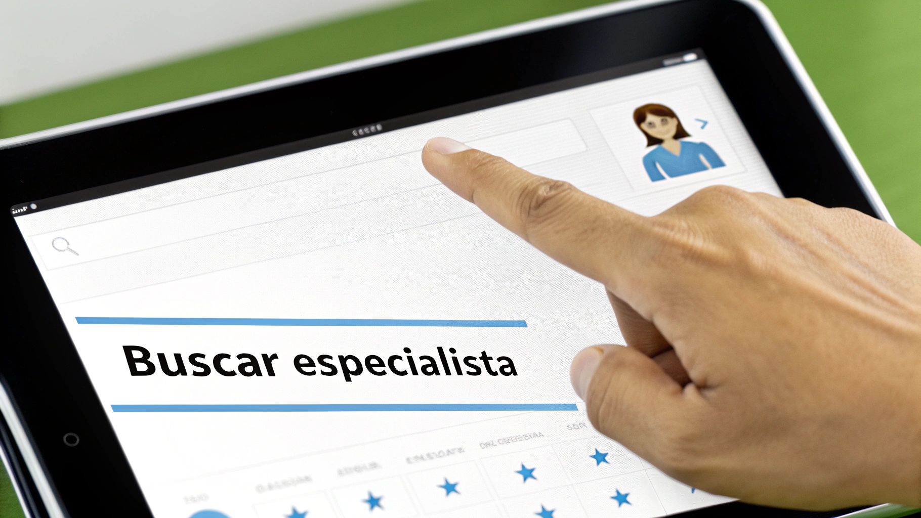 Mano tocando una tablet que muestra 'Buscar especialista' y un perfil de usuario, probablemente para encontrar un médico.