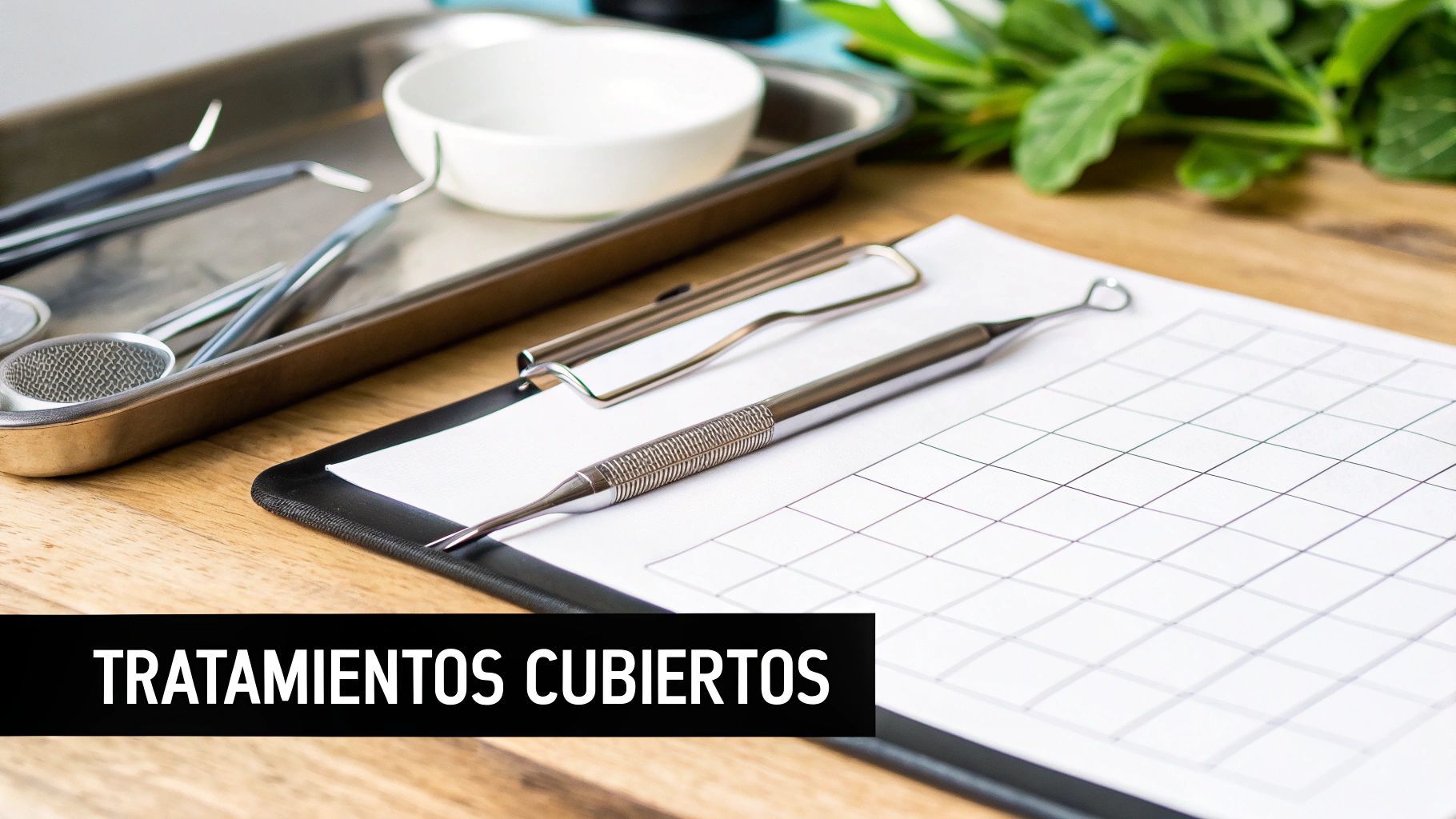 Primer plano de herramientas dentales en una bandeja, un portapapeles con una cuadrícula y el texto 'Tratamientos Cubiertos'.