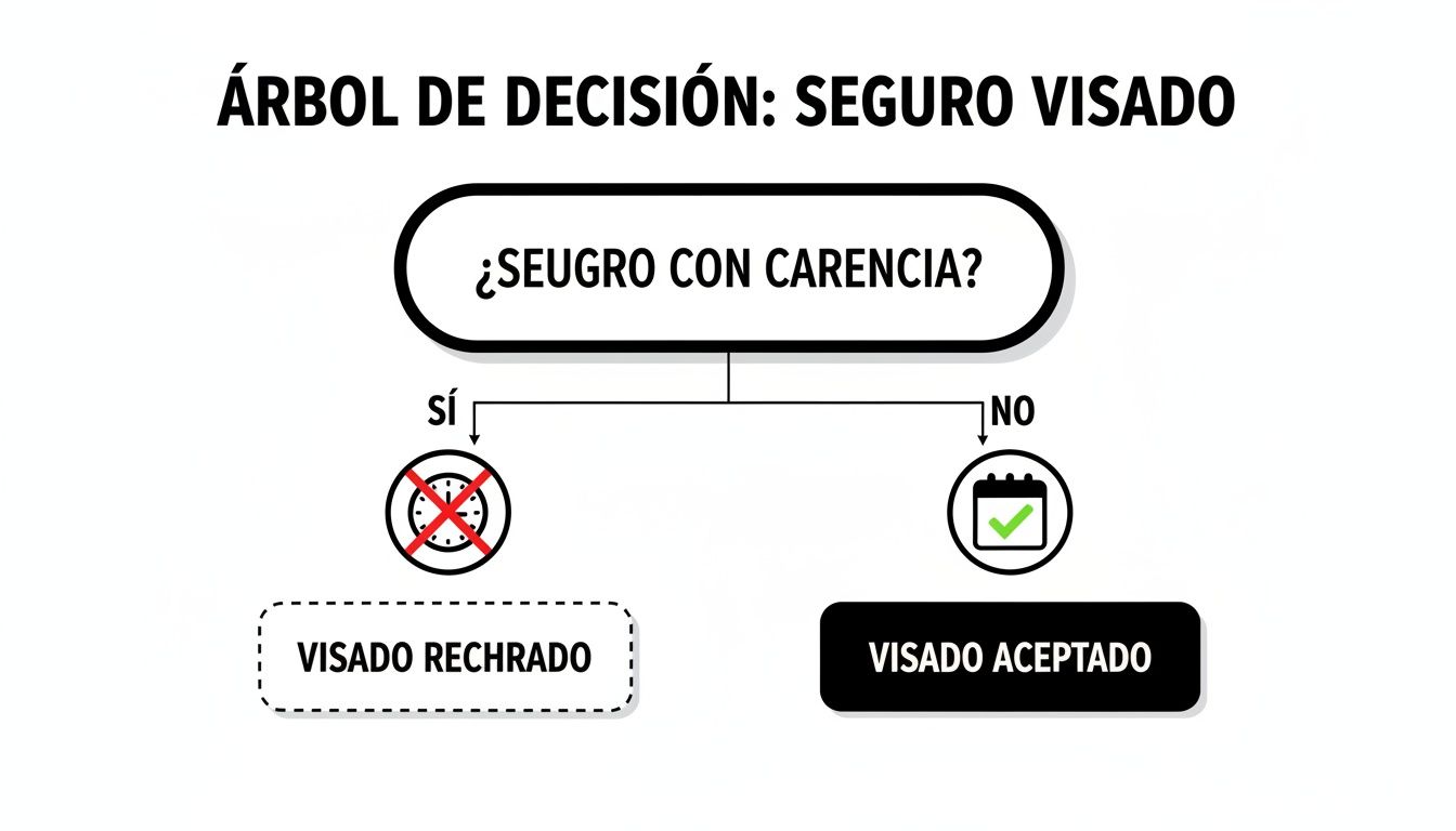 Árbol de decisión sobre seguro de visado: si el seguro tiene carencia, el visado es rechazado; si no, es aceptado.