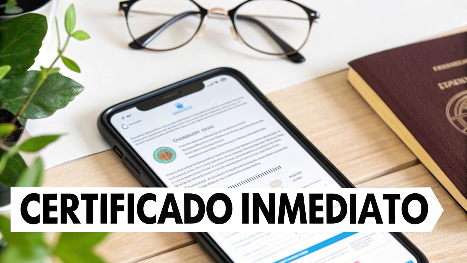 Un smartphone mostrando un certificado digital con gafas, una planta y un pasaporte sobre una mesa de madera. Se superpone el texto 'CERTIFICADO INMEDIATO'.