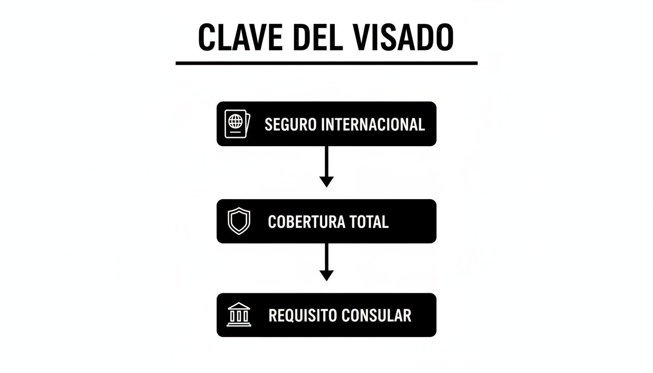 Diagrama explicativo sobre la clave del visado: seguro internacional, cobertura total y requisito consular.