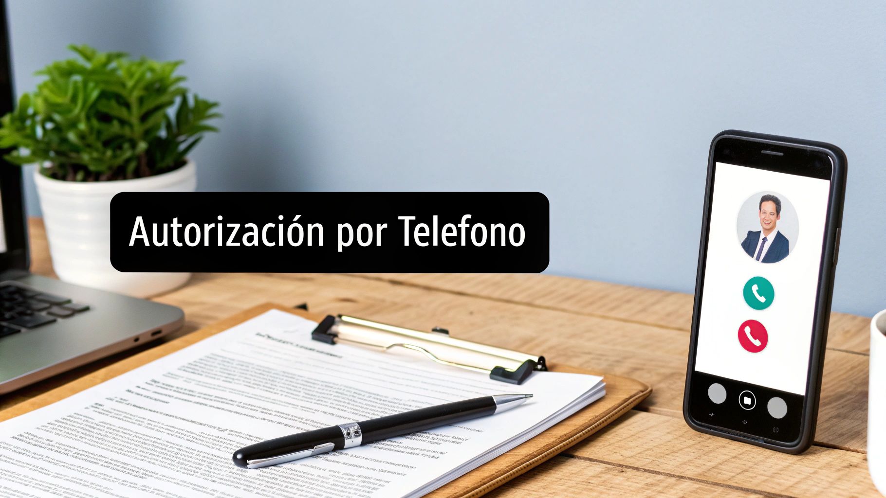 Escritorio con documentos, laptop y un smartphone mostrando una videollamada y el texto 'Autorización por Teléfono'.