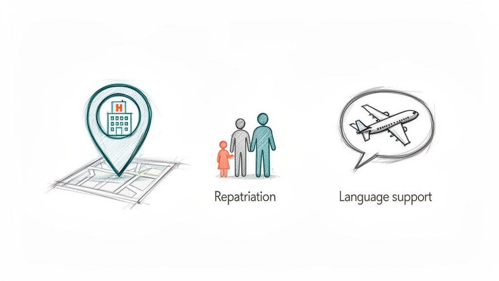 Seguro medico sin carencia para tu visado en España 4 Iconos de servicios de asistencia médica y de viaje: ubicación de hospital, repatriación familiar y soporte de idioma.