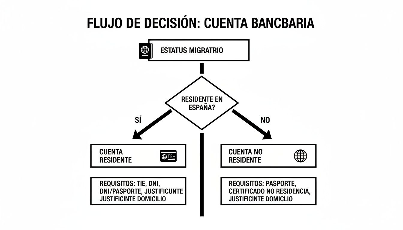 Abrir cuenta bancaria en españa: guía para extranjeros 1 Flujo de decisión para abrir una cuenta bancaria en España, dependiendo del estatus migratorio y residencia.