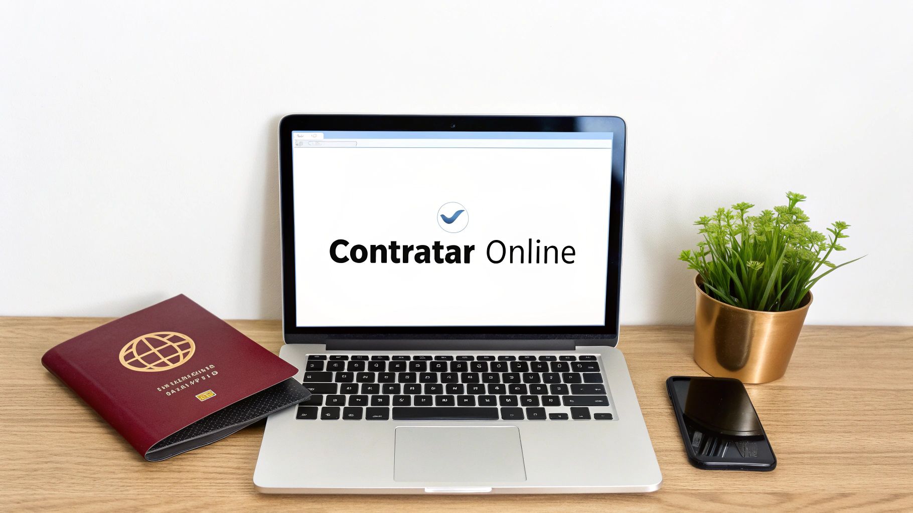 Laptop en un escritorio mostrando 'Contratar Online' con un pasaporte, planta y un teléfono móvil.