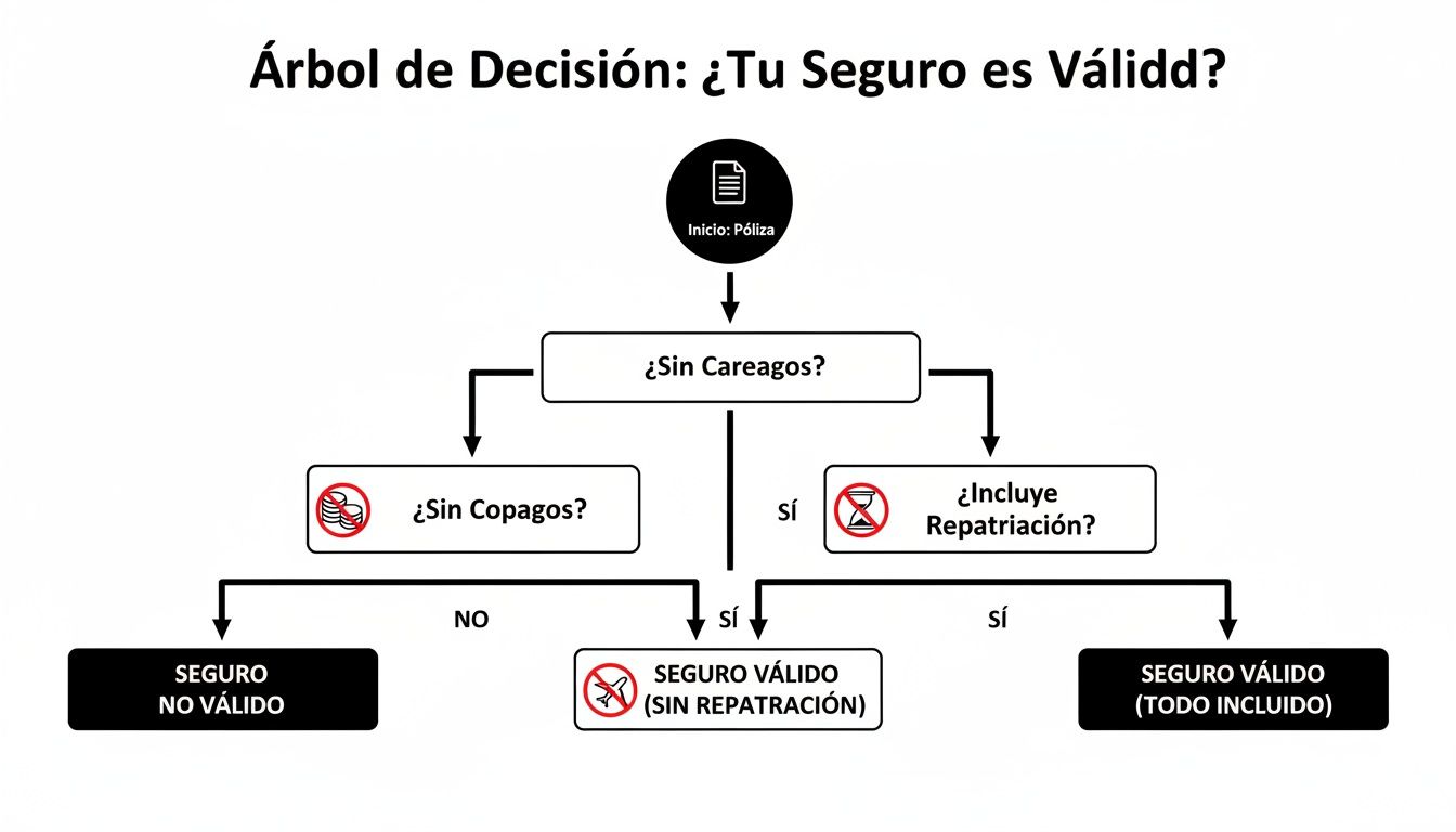 Árbol de decisión que evalúa la validez de un seguro según carencias, copagos y repatriación.