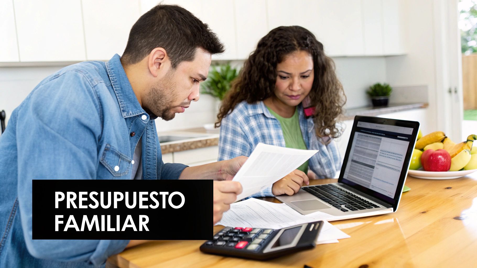 Un hombre y una mujer revisando documentos y un portátil para gestionar su presupuesto familiar con una calculadora.