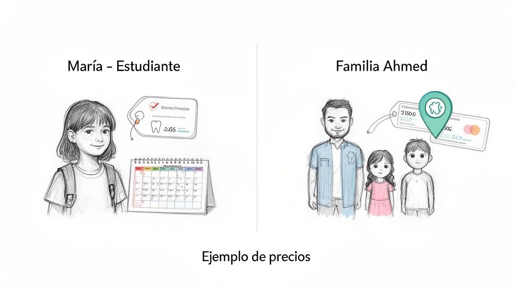 Descubre seguro dental precios: guía rápida para elegir tu póliza 3 Ejemplo visual de precios de seguros dentales para una estudiante y una familia.