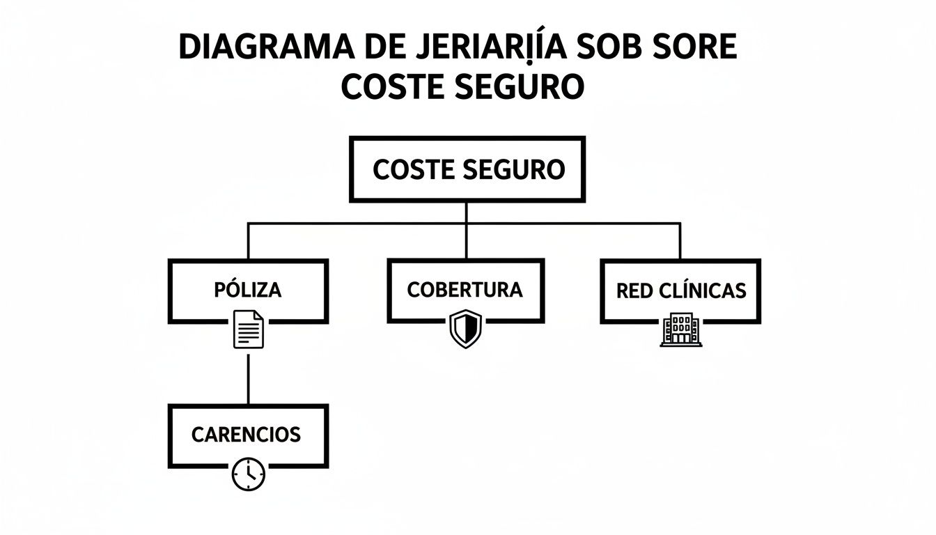 Descubre seguro dental precios: guía rápida para elegir tu póliza 2 Diagrama de jerarquía del coste seguro, mostrando póliza, cobertura, red de clínicas y carencias.