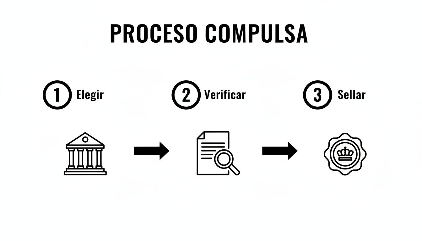 Guía completa para la fotocopia DNI compulsada en trámites españoles 3 Diagrama del proceso de compulsa con tres pasos: elegir, verificar y sellar documentos.