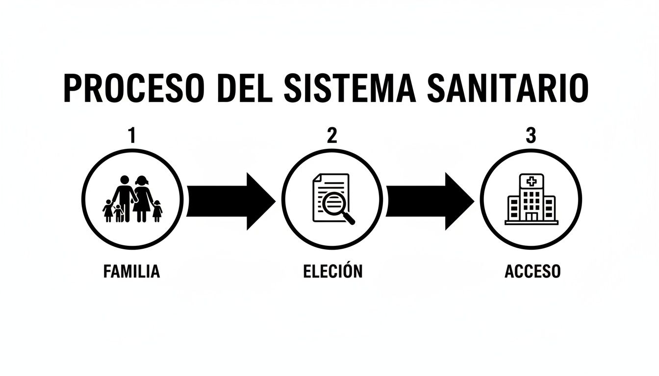 Flujograma del proceso del sistema sanitario: familia, elección de servicios y acceso a un hospital.