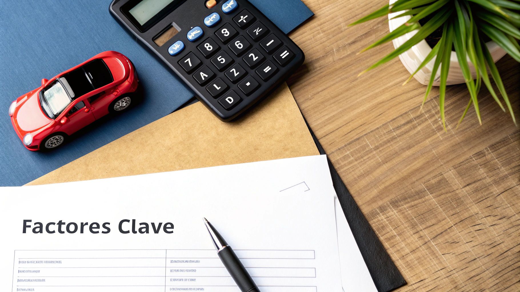 Un coche de juguete rojo, calculadora y documento "Factores Clave" en un escritorio de madera.