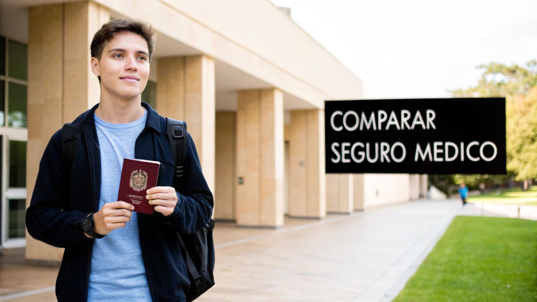 Joven con pasaporte y mochila en un campus, junto a un cartel de 'Comparar Seguro Médico'.