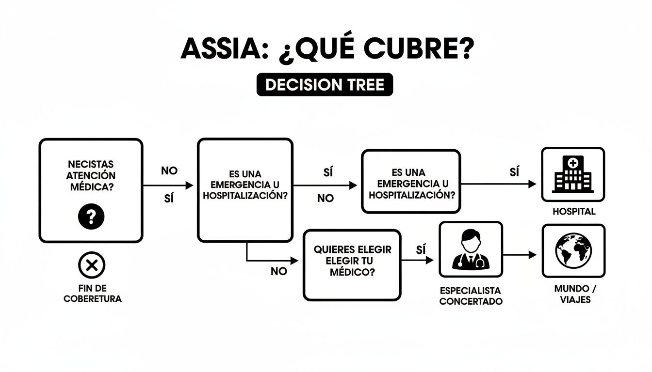 Árbol de decisión de ASISA que detalla la cobertura para atención médica, emergencias y hospitalización.