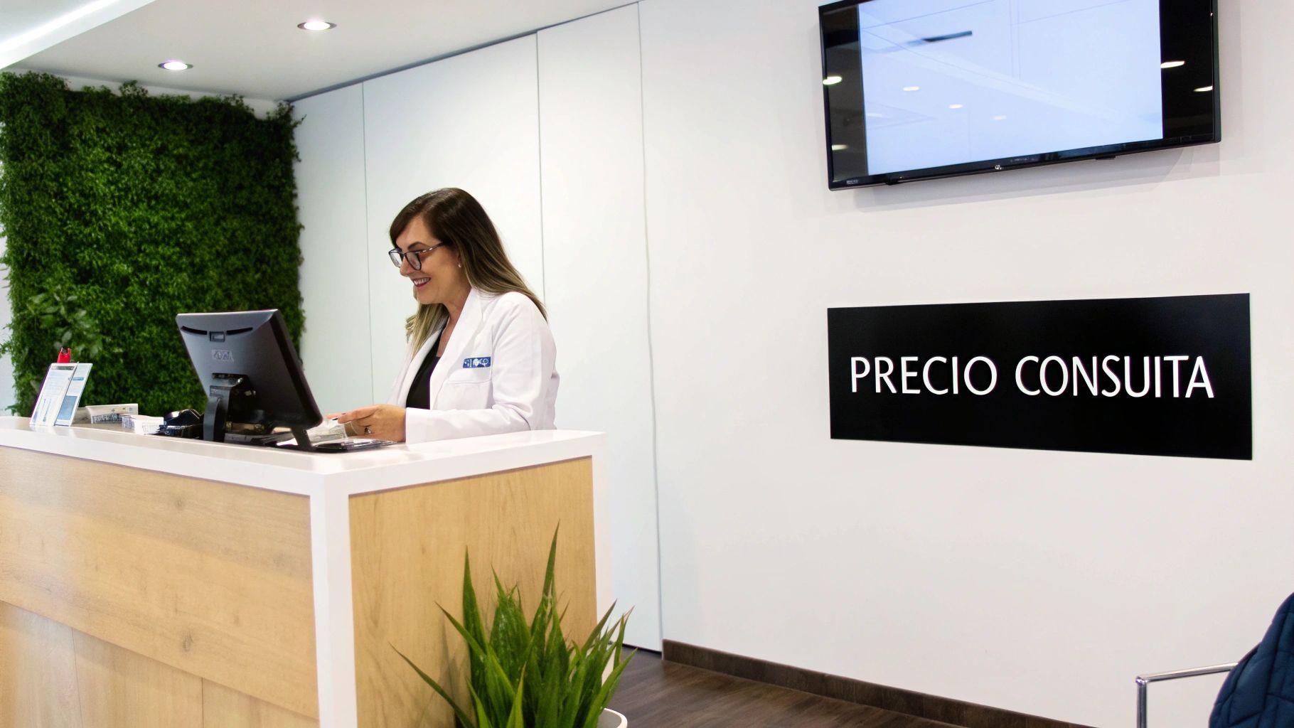 Mujer sonriente con bata blanca en recepción de clínica, con monitor y pared vegetal.