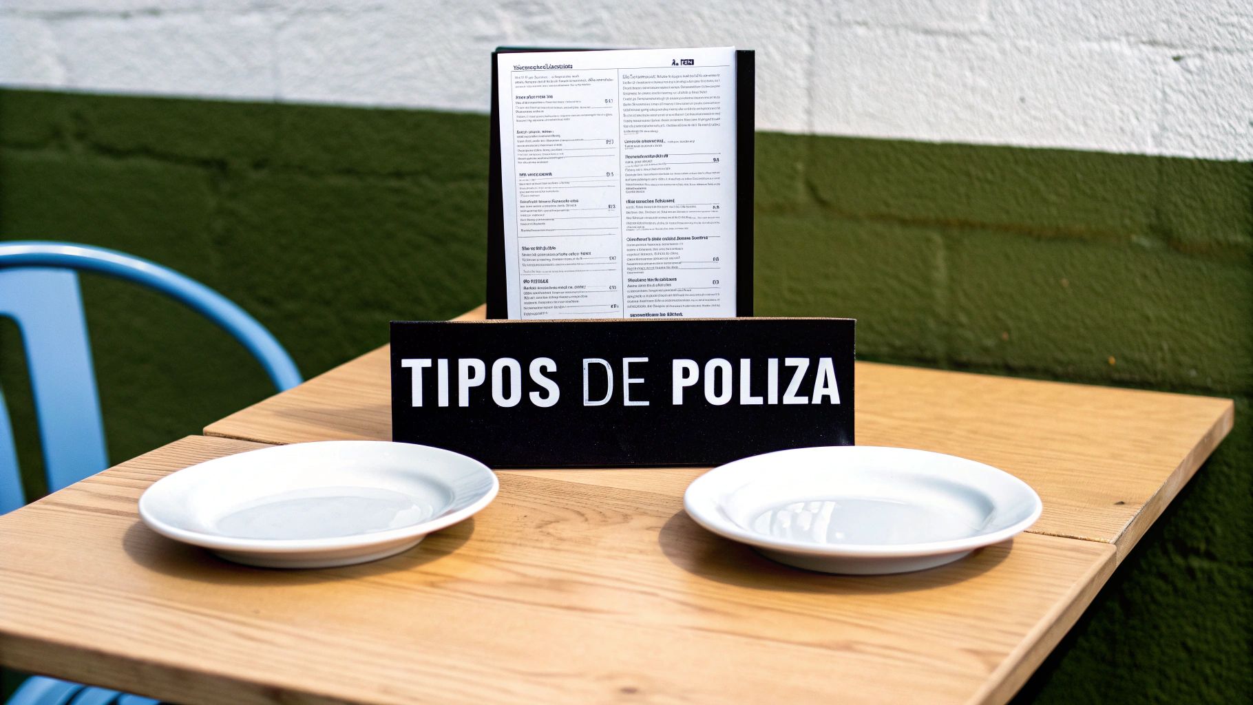 Menú con el título 'TIPOS DE POLIZA' sobre una mesa de madera, con dos platos y una silla azul.
