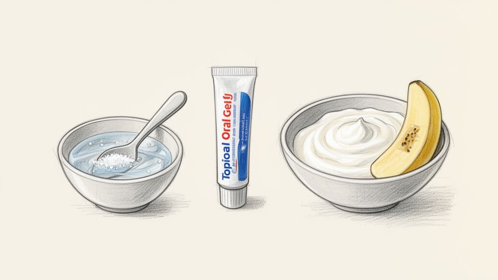 Guía sobre heridas en la boca: causas, remedios y cuándo preocuparse 2 Tres elementos que sugieren remedios caseros para heridas en la boca: agua con sal, gel oral y yogur con plátano.