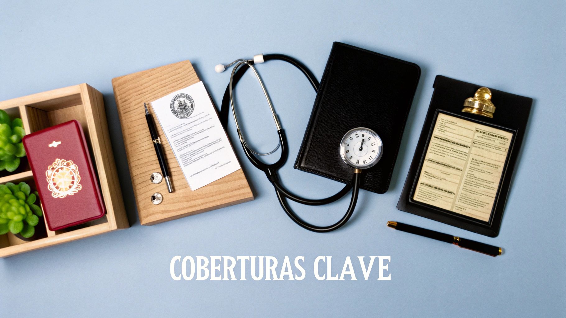 Disposición plana de un estetoscopio, medidor de presión y documentos, simbolizando coberturas de seguro.