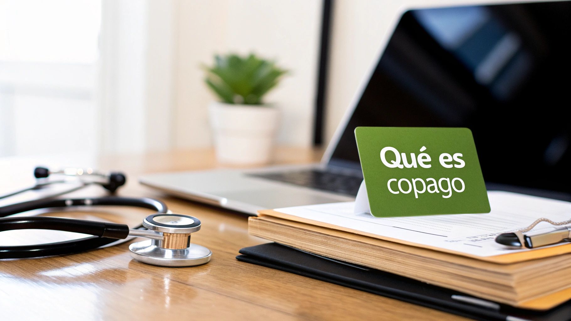 Escritorio médico con estetoscopio, laptop y cartel "Qué es copago", explicando el concepto de copago.