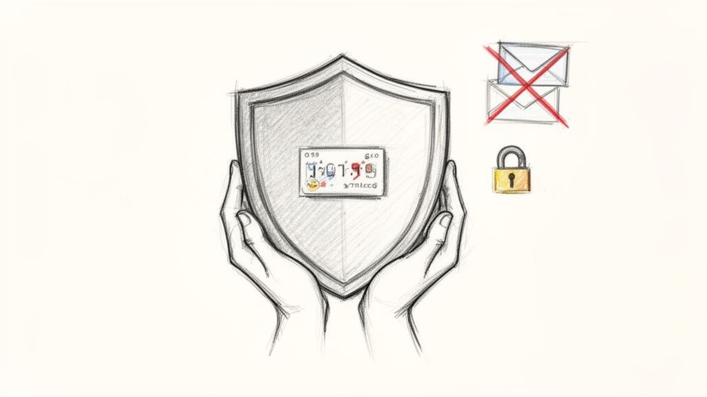 Tu número de póliza de seguro de salud explicado paso a paso 3 Manos sosteniendo un escudo protector. Candado y correos bloqueados simbolizan seguridad digital y privacidad.