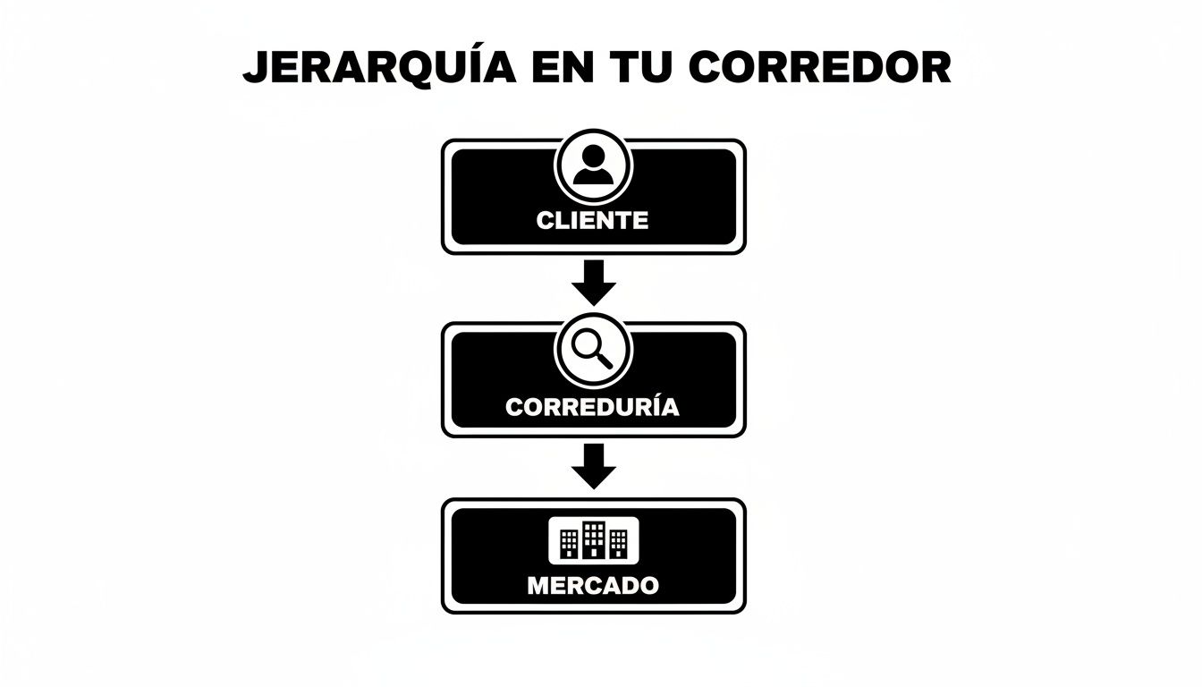 Diagrama que ilustra la jerarquía en una correduría: cliente, correduría de seguros y el mercado.