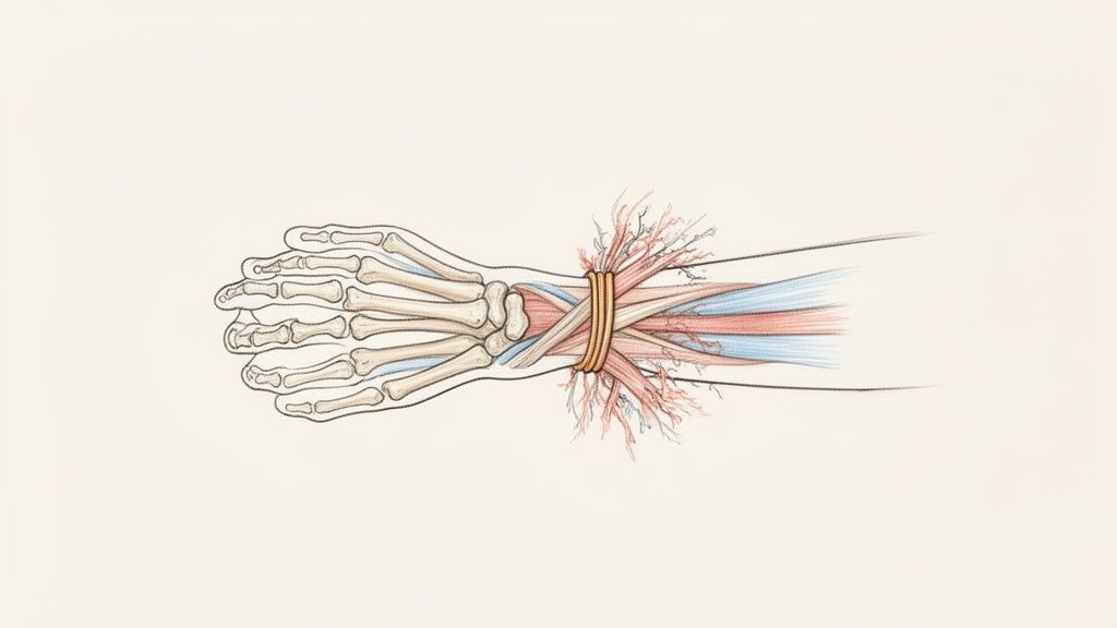 Guía completa del esguince de muñeca síntomas y tratamiento 2 Ilustración anatómica detallada de la mano, muñeca y antebrazo, mostrando huesos, músculos y tendones.