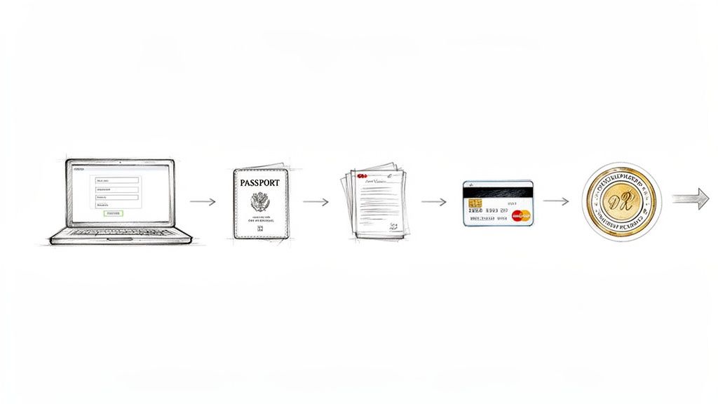 Comparativa: comparativa seguros salud sin copagos para estudiantes 4 Proceso secuencial de solicitud o registro que incluye computadora, pasaporte, documentos, tarjeta de crédito y una moneda dorada.